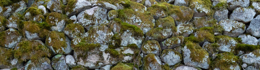 Old stone wall with lot of green moss long strip