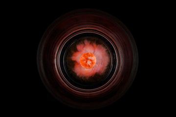 Rote Schokolinse löst sich im Wasserglas, optisch ähnlich einem Planeten im All.