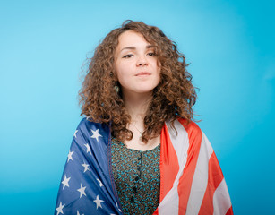 Woman listening national anthem. Patriot.