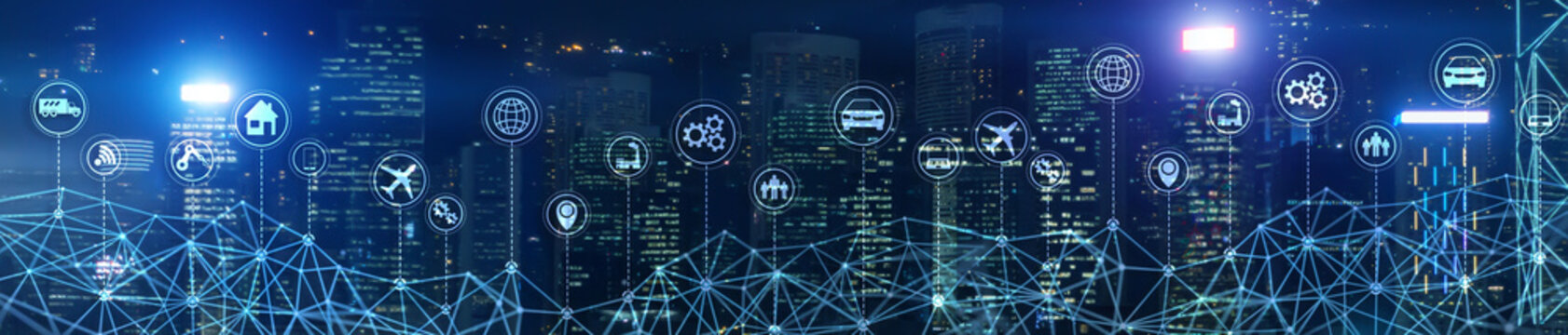 Smart City IOT Concept. Wallpaper for your site. Panoramic Business Banner.