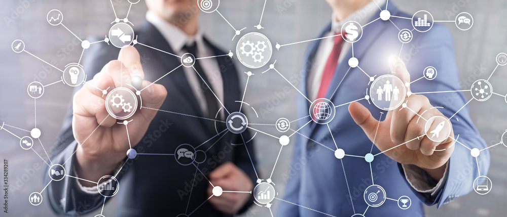 Wall mural business process structure industrial workflow diagram automation innovation concept on virtual scre