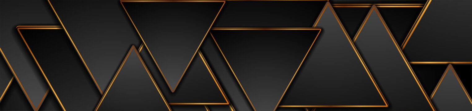 Black and bronze triangles abstract tech banner design. Geometric vector background