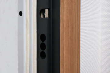 metal door details: hinges, threshold, lock and facade