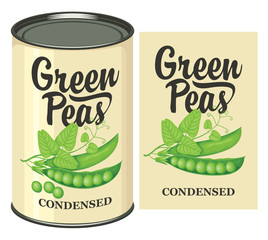 Vector banner for canned green peas with label and tin can. Label design with a realistic green peas, pods, tendrils, leaves. Canned food during quarantine, long-term storage product