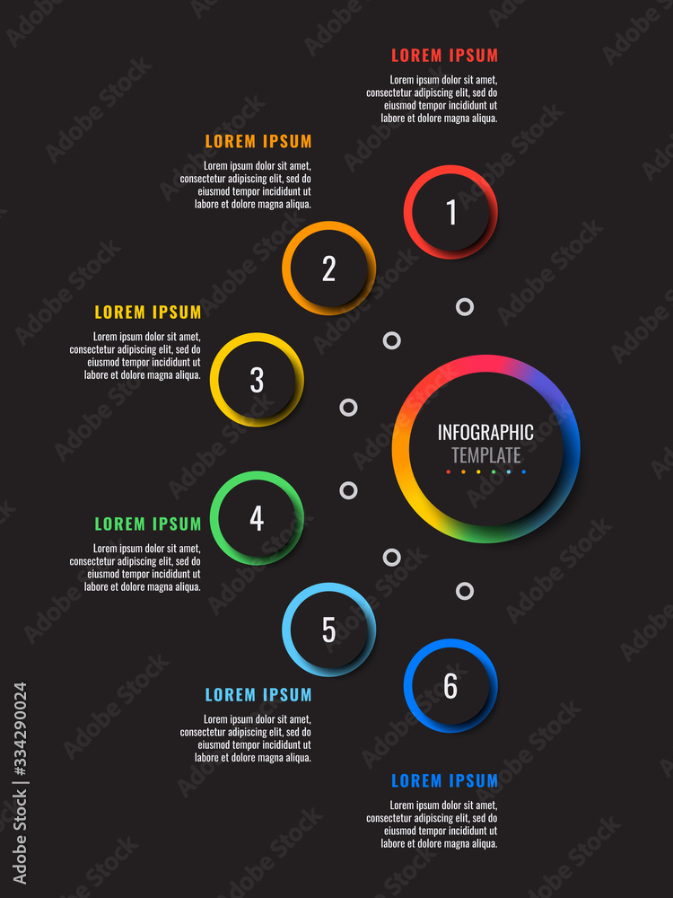 Fototapete business infographic template with six round realistic elements on a black background. modern vector