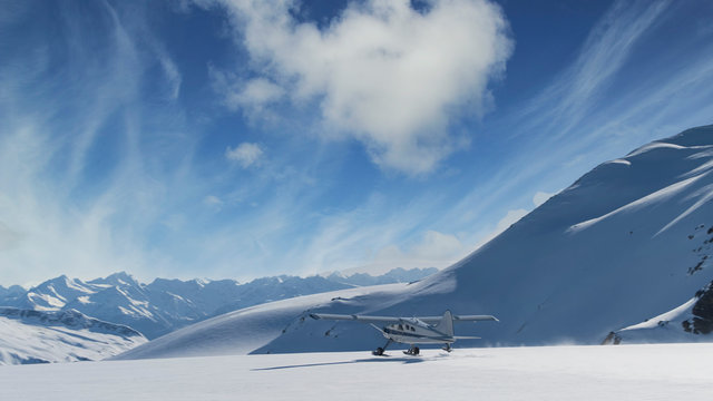 Small plane taking off in Alaskan mountains with snow