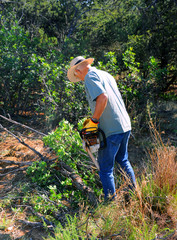 Fototapeta premium Chainsaw in Hand Cutting Firewood