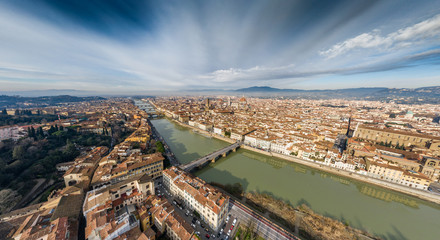 Aerial panorama of Florence at sunrise, Firenze, Tuscany, Italy, cathedral, river, drone pint view,...