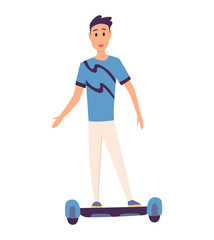 Young handsome man riding an giroboard, modern outdoor transport, standing pose. People riding electric. Design for rent service a quick eco ride. Vector illustration in flat style