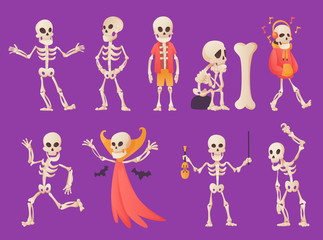 Funny cartoon skeleton. Vector bony character. Human bones illustration skeletal. Set of dead people dancing, standing, listen music on color background