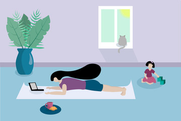 woman stands in front of laptop in house. room with child, window, vase of flowers, cat. Stay home, home office, freelancer