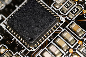 Microprocessor on computer motherboard in macro view.