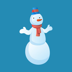 Snowman with top hat and scarf isolated on white background. Winter theme. Vector character illustration