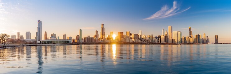 Panorama Chicago downtown skyline sunset Lake Michigan with most Iconic building from Adler...