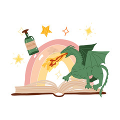 Magical, fantastic, fairy tale book and fantasy concept. Open book, dragon, magic potion, rainbow and stars around. Flat vector hand drawn isolated illustration.