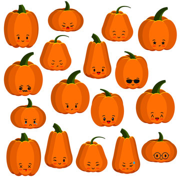 Pumpkin faces emoji icons set isolated on white.