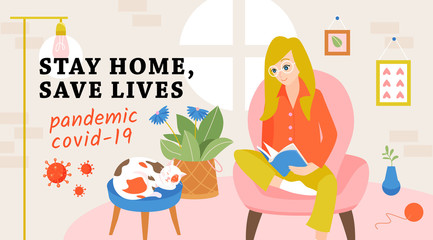 Woman at home, vector banner about preventing from corona virus.
