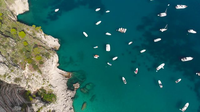 Aerial drone top view pull down getting close to huge number of luxury boats berth over crystal clear seawater in Capri Italy near rock cliffs with colorful trees