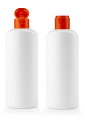  white plastic bottle with red cover with shampoo on white background