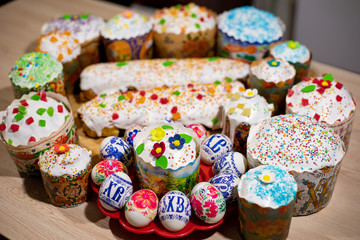 Beautiful easter holiday dessert Easter cake with white frosting and decoration, decoration for a holiday table