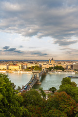 Fototapeta na wymiar Budapest Danube evening view of Danube and Chain Bridge with cloud, wide angle.