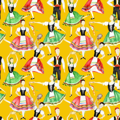 Seamless pattern Dancers in national costume an Italian tarantella with a tambourine on yellow background. Woman and man dancer in red and green folk costume Italy. Watercolor fabric texture