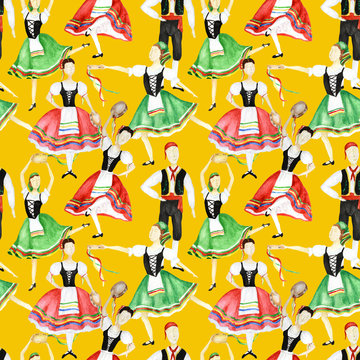 Seamless pattern Dancers in national costume an Italian tarantella with a tambourine on yellow background. Woman and man dancer in red and green folk costume Italy. Watercolor fabric texture