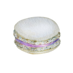Hand drawn watercolor french macaron cakes, white french pastry dessert. On white background colorful macaroon biscuits, sweet and beautiful dessert.
