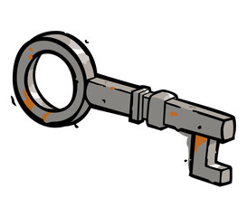 Old rusty steel key drawn with a 3D perspective. Can represent a dungeon, a prison cell, a treasure lock, success, a secret or success.