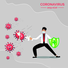 Vector doctor mask illustration with sword and Shield , fighting with virus covid-19 for background , covid-19 corona virus. cure corona virus. end of 2019-ncov. don't be afraid stay at home