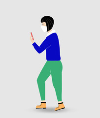 Girl covered the medical mask walking outdoors with smartphone in hand. Flat vector illustration of woman concept wearing protective mask for prevent virus Covid-19