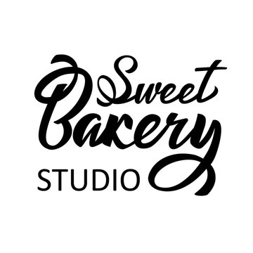 Sweet Bakery studio shop lettering typography. Ideal for Sweet Cake bakery logotype design, icon, card, postcard, logo banner. Vector handwritten illustration.