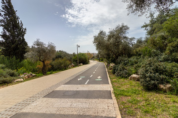 Empty bike and pedestrian paths, inside a location that is usually crowded,the Corona Crisis 30-03-2020 Park, Jerusalem, Israel.