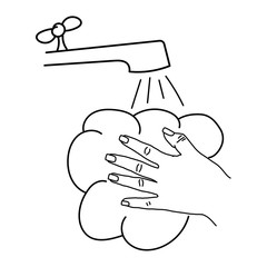 Hands being washed with soap and water from the tap. Vector illustration in black and white. Icon for websites and mobile applications.