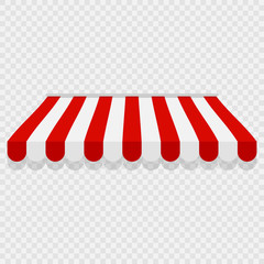 Red and white awning mockup. Realistic illustration of red and white awning vector mockup for on transparent background