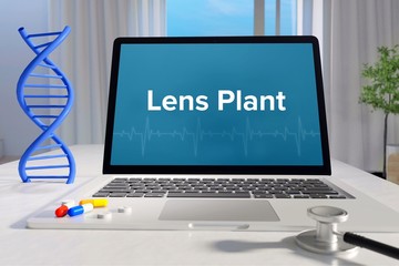 Lens Plant – Medicine/health. Computer in the office with term on the screen. Science/healthcare