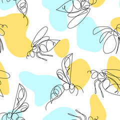 Insect. Elegant bee, bug, moth, butterfly.  color seamless pattern on white and colored spots background. Line art sketch. Simple nice background. Hand drawn graphic print Animal nature set