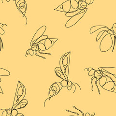 Insect. Elegant bee, bug, moth, butterfly.  color seamless pattern on yellow background. Line art sketch. Simple nice background. Hand drawn graphic print Animal nature set