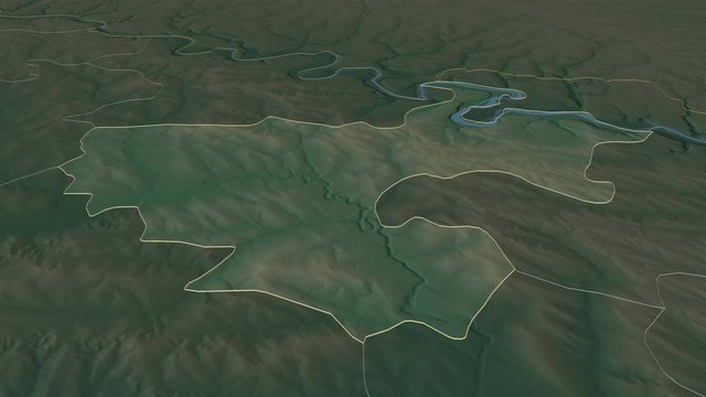 Floreşti, district with its capital, zoomed and extruded on the relief map of Moldova in the conformal Stereographic projection. Animation 3D