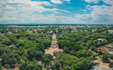 Aerial panorama of Tiraspol, viewed from the Pobeda park, with the long park avenue clearly seen leading into the city, capital of Transnistria.