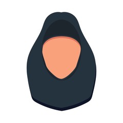 Woman in dark scarf icon. Arabic business woman wearing hijab. Arab woman face covered with hijab. Vector stock illustration in flat style for web isolated  on white background.