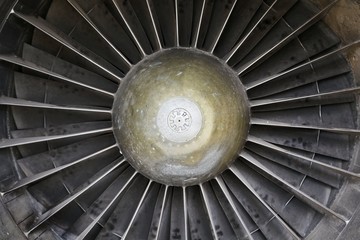 Old jet engine closeup blades coverd with dust