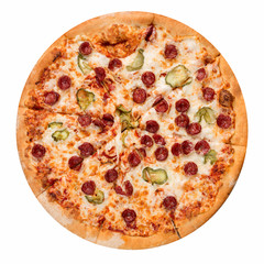 Pizza with bavarian sausages, Mozzarella cheese, onion and cucumbers isolated on white background. Top view.