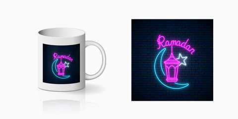 Neon ramadan islam holy month symbol for cup design. Ramadan greeting text with fanus lantern, star and crescent design, banner in neon style on mug mockup. Vector shiny design element