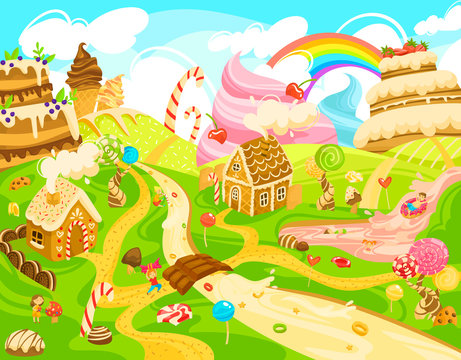 Children in candy land, kids in fantasy world of sweets, boys and girls cartoon character, vector illustration. Magic town built of sweets and confections, street, river and house of cookies and cream