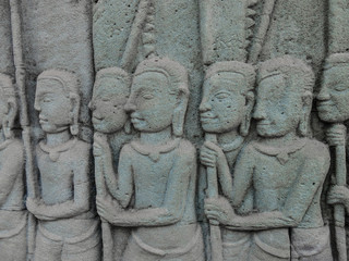 An old ornament on the ancient wall with moss, Angkor Wat, Cambodia
