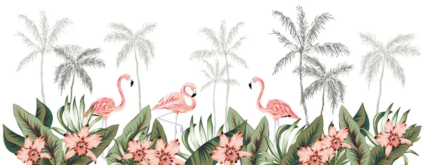 Tuinposter Tropische grens met flamingovogels. Palmboomsilhouetten, groene bladeren, roze orchideebloemen, witte achtergrond. Vector illustratie. Bloemen arrangement. Bannerontwerp. Paradijs natuur © ojardin