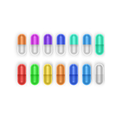 Set of 14 vector medical pills. Capsules in 14 different colors Isolated on white background. Vector illustration.