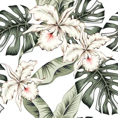 Printed kitchen splashbacks Orchidee Tropical white orchid flowers, green monstera, banana palm leaves, white background. Vector seamless pattern. Jungle foliage illustration. Exotic plants. Summer beach floral design. Paradise nature