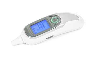 Digital infrared thermometer on white background